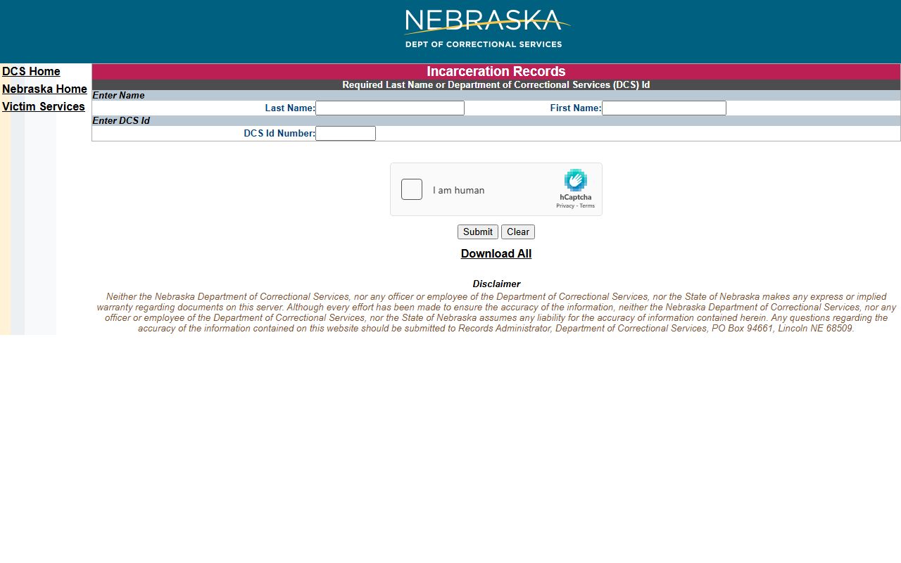 Nebraska NDCS inmate locator fields for Douglas County state prisoner searches